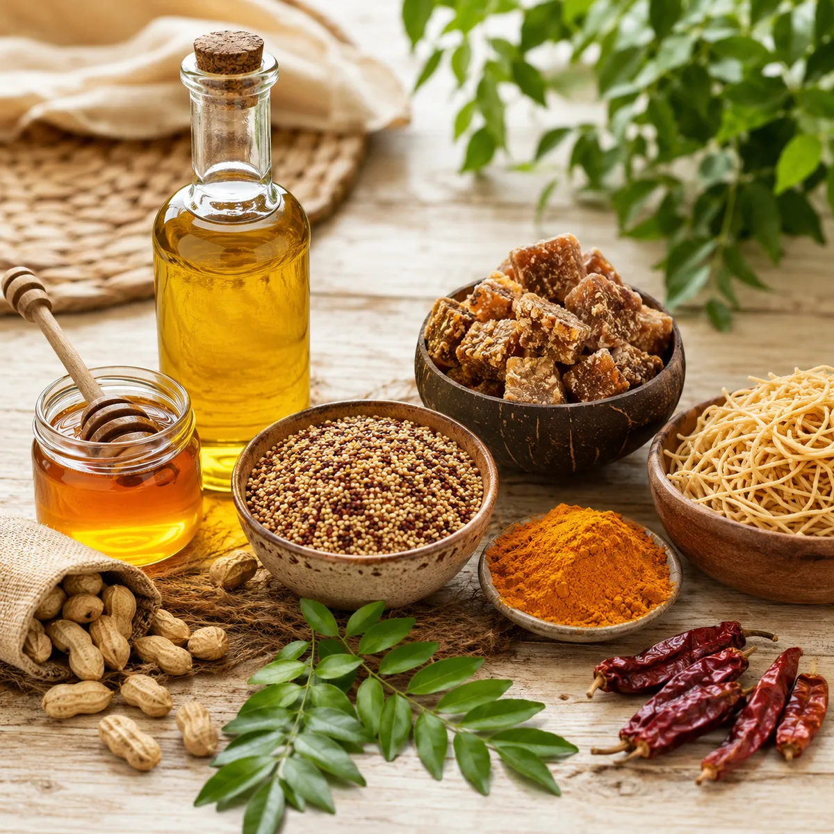 Assortment of AruYami Naturals organic products on a wooden surface
